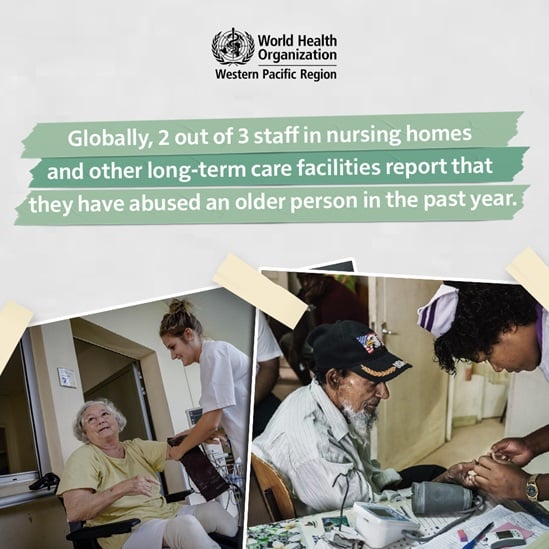 Graphic with two older people being cared for by female nurses